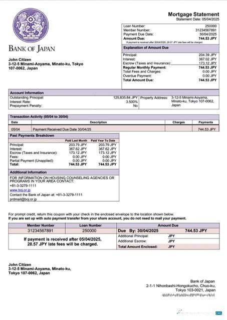 Download Japan Bank of Japan mortgage statement Word and PDF template Photoshop template